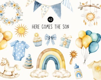 Imágenes prediseñadas para baby shower "Here Comes the Sun", paquete PNG de arcoíris neutro y sol, descarga digital para invitaciones, decoración de paredes y manualidades, uso comercial.