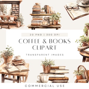 Clipart plantes et livres, café et livres, aquarelle neutre, rustique, usage commercial, PNG transparent, cliparts les plus vendus
