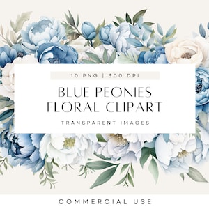 Clipart de peônias azuis, clipart de flor de peônia transparente PNG, aquarela, buquês de verão, azul empoeirado, uso comercial, PNG transparente