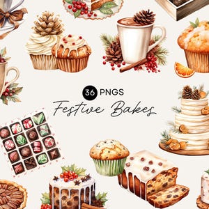 クリスマスのベーキングクリップアート、水彩画のベーキングクリップアートセット、ホリデーの焼き菓子、ヒイラギ、松ぼっくり、フルーツケーキ、商用利用、透明PNG