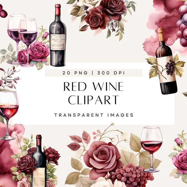 Red Wine Clipart, Bottle Clip Art, Grapes, Glasses, Floral, Watercolor Wash, Scrapbooking, Wedding Invite, Transparent PNG, Commercial Use