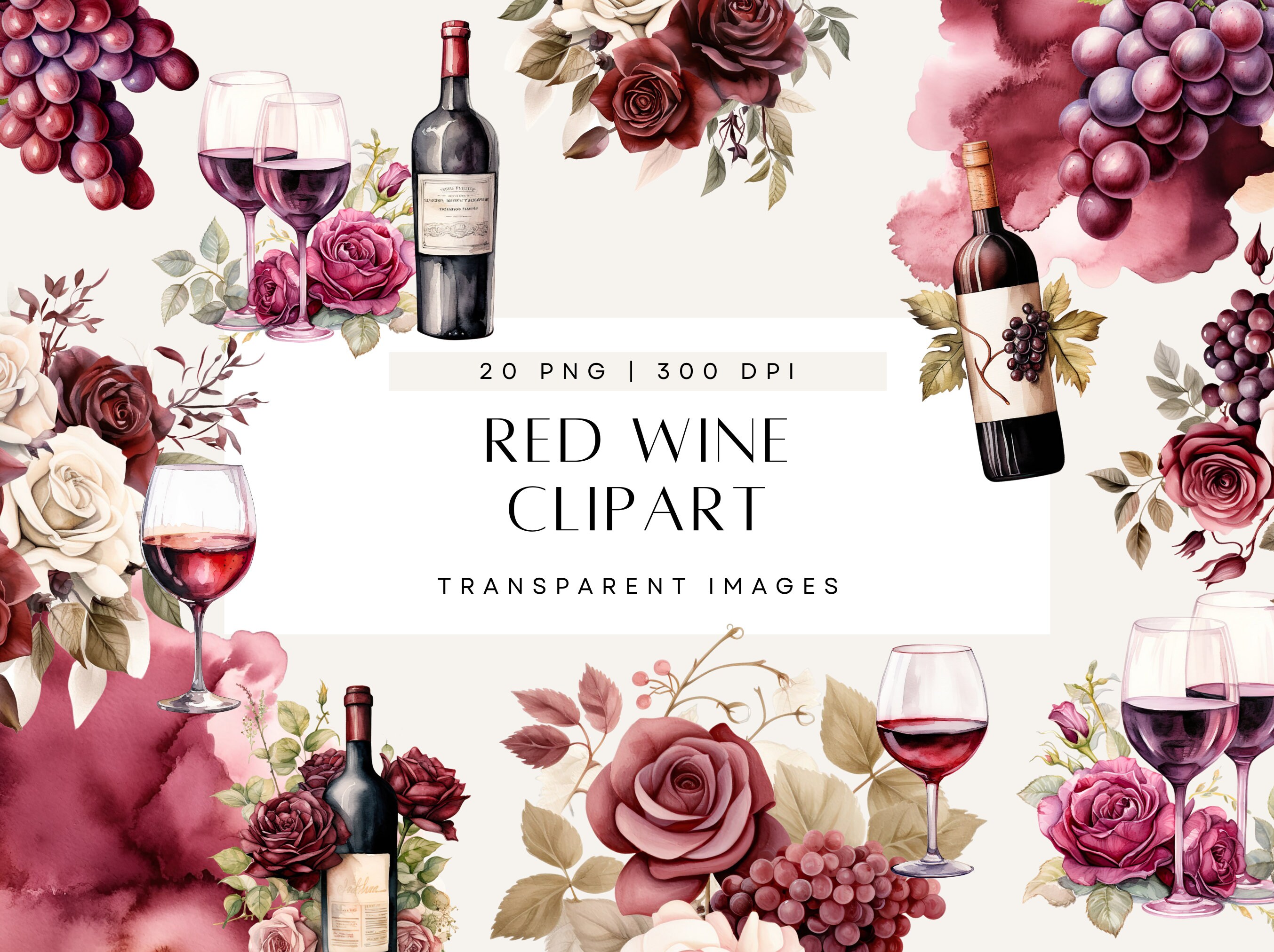 Red Wine Clipart, Bottle Clip Art, Grapes, Glasses, Floral, Watercolor ...
