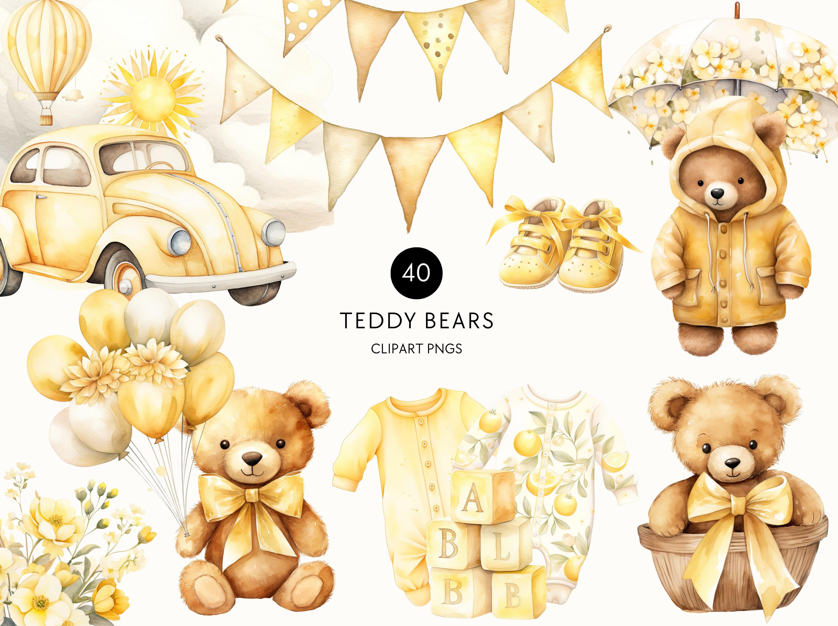 Watercolor Teddy Bear Clip Art Clipart Pack, Lemon Yellow Baby Shower ...