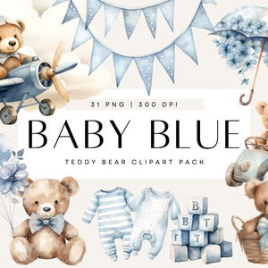 Pacchetto di clipart con orsacchiotti di peluche acquerellati, baby shower per un bambino, clipart per uso commerciale, PNG trasparenti, palloncini blu a forma di aeroplano