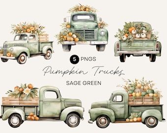 Pumpkin Pickup Truck Clipart, Sage Green Flowers Clipart, Fall Watercolor Clipart Bundle, Little Pumpkin Baby Shower, Commercial Use PNG
