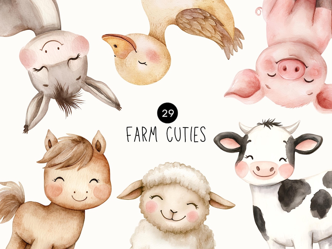 Farm Animals Clipart | Watercolor Farmyard Portraits PNG, Cute Animal ...