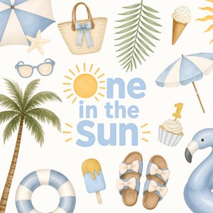 En i solen Clipart | Första födelsedagspoolparty PNG, 1-årsdagssolskensdekor, blå här kommer sonen clipart, kommersiellt bruk