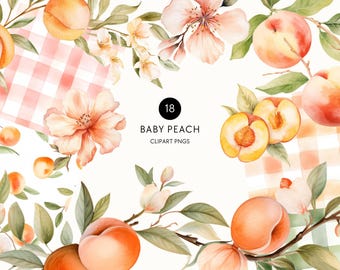 Peach Watercolor Clipart, Peach Floral Greenery, Watercolor Peaches Clipart, Baby Shower Clip Art, Commercial Use, Transparent PNG
