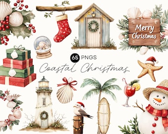 Puede incluir: Ilustraciones en acuarela de elementos navideños costeros, incluyendo un faro, una bola de nieve, cajas de regalo y un muñeco de nieve. La imagen presenta un calcetín rojo, un letrero de madera con "Merry Christmas" y una gaviota con gorro de Papá Noel. También está presente el texto "Coastal Christmas".