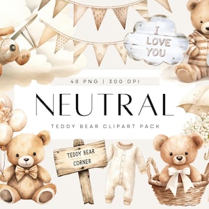 Clipart aquarelle neutre ours en peluche, nounours tenant des ballons, faire-part de baby shower neutre entre les sexes, usage commercial, PNG transparent