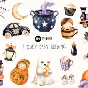 Clipart z browarnianym napojem – Halloween Baby Shower, kotły, kawa, mała Boo, słodka rodzina duchów, dynie i dziecięce zabawki w formacie PNG, do użytku komercyjnego