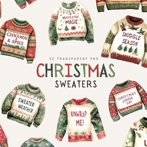 Clipart di maglioni brutti, maglione natalizio accogliente, tempo di maglione, buon Natale, biglietti invernali acquerellati, PNG trasparente, uso commerciale