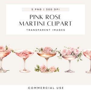Clipart di cocktail, cocktail floreali, clipart di rose rosa, bicchiere da martini in oro rosa, clipart di acquerelli, PNG trasparenti, uso commerciale