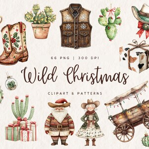 Clipart Noël sud-ouest, Cowboy du Far West transparent, motif sans couture impression vache, ornements de cactus suspendus rustiques, usage commercial