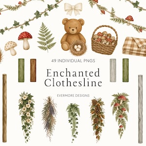 May include: A digital collection of 49 individual PNG illustrations featuring a teddy bear, a woven basket of mushrooms, a bird nest with eggs, a plaid blanket, a lantern, floral garlands, pinecones, and wooden posts with the text Enchanted Clothesline.