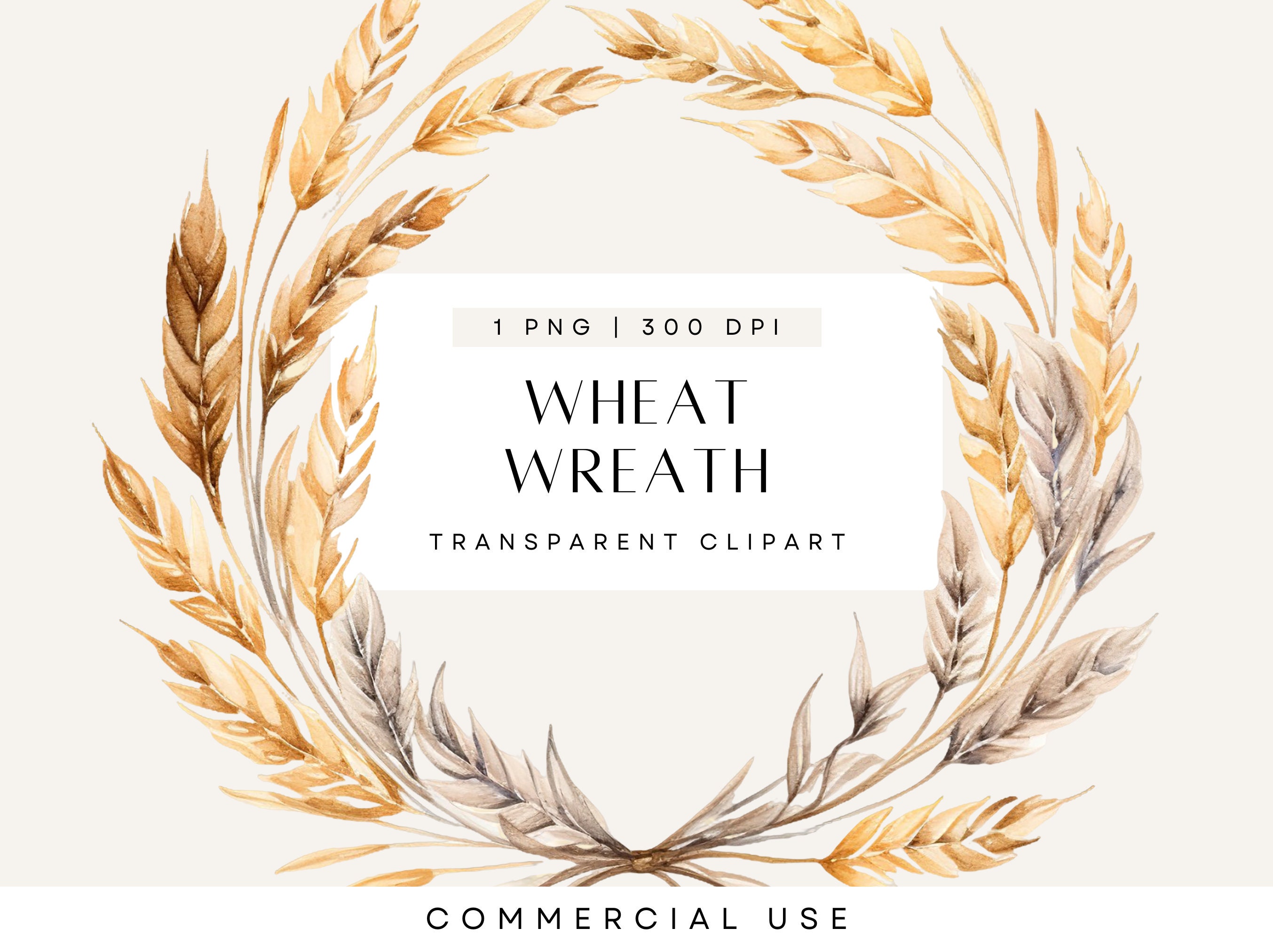 Watercolor Clipart Wheat, Floral Autumn Wreath Clipart Fall, Rustic, Boho Wreaths, Neutral, Transparent PNG, Single Image, Commercial Use