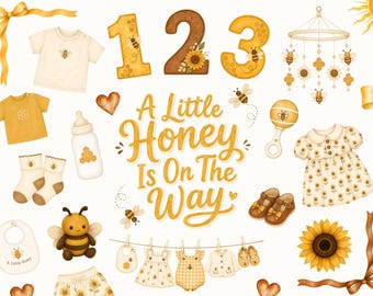 Imágenes prediseñadas de miel / PNG para baby shower, Pequeña miel en camino, Dulce como una abeja, Tendedero para bebés, Números de cumpleaños, Uso comercial