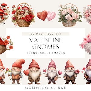 Valentines kabouters clipart, rode kabouter illustraties, roze paddestoelen, bloemenmand, harten, aquarel png, commercieel gebruik, transparante achtergrond