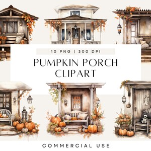 Watercolor Halloween Porch Clipart INSTANT DOWNLOAD Fall Home Decor, Skulls Pumpkins, Clipart Bundle, Commercial Use