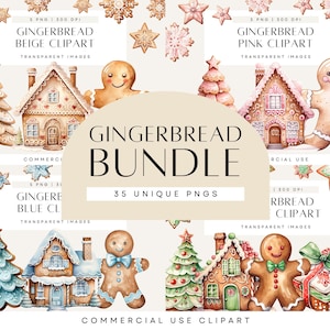 Clipart di casetta di pan di zenzero pastello, omino di pan di zenzero acquerello, clipart di alberi di Natale, fiocchi di neve, PNG trasparenti, BUNDLE per uso commerciale