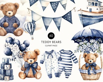 Blauer Teddybär Aquarell Clipart, Navy Teddybär Clipart, Teddybär PNG, Babyparty für einen Jungen, wir können kaum warten, kommerzielle Nutzung
