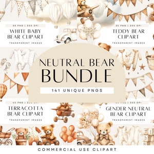 Bundle de cliparts aquarelle ours en peluche, chambre d'enfant Boho neutre, téléchargement mignon de baby shower, utilisation commerciale de montgolfière ours, PNG transparent