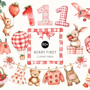 Clipart de primer cumpleaños con bayas - Baby Shower de fresa PNG, decoraciones para fiestas, gráficos de invitación coqueta, patrones de rayas de cuadros vichy