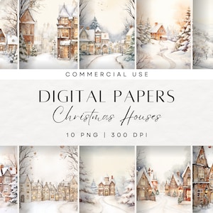 Christmas Clipart House Background, Watercolor Winter, Snowy Street, Digital Paper, Junk Journal Pages, Neutral Village, Commercial License