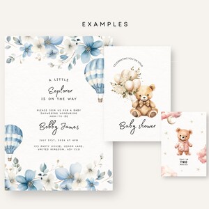 May include: A baby shower invitation with a blue and white hot air balloon, blue flowers, and the text "A Little Explorer Is On The Way". The invitation also includes the name "Bobby James" and the date and time of the shower. There are two additional cards with a teddy bear holding balloons and a teddy bear wearing a blue and white striped outfit.