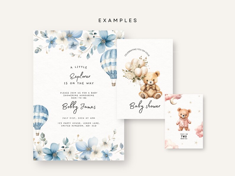 May include: A baby shower invitation with a blue and white hot air balloon, blue flowers, and the text "A Little Explorer Is On The Way". The invitation also includes the name "Bobby James" and the date and time of the shower. There are two additional cards with a teddy bear holding balloons and a teddy bear wearing a blue and white striped outfit.