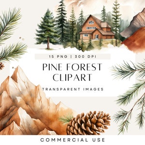 Watercolor Clipart Pine Tree, Woodland Forest, Mountains Landscape Clipart, Pine Cone, Commercial Use, Transparent PNG, Neutral Elements