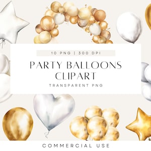 Gold weiße Ballons Clipart, Clip Art Aquarell Ballon, Bund, Bogen, Stern, Herz, Einladung zur Geburtstagsfeier, kommerzielle Nutzung, PNG