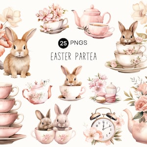 Ostern Tee Clipart, süßer Osterhase, Rosa Tee-Party, Ostern Partea, Aquarell High Tea, Blush Pink Floral, Tea Time Set, Nachmittagstee