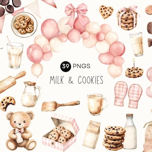 Puede incluir: Ilustración en acuarela de leche y galletas. La imagen incluye una variedad de galletas, botellas de leche, vasos de leche, un oso de peluche y un arco de globos rosas y blancos. También está presente el texto "Milk & Cookies".