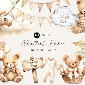 Neutral Teddy Bear Watercolor Clipart, Teddies Holding Balloons, Gender Neutral Baby Shower Invitation, Commercial Use, Transparent PNG