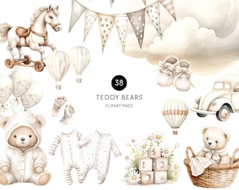 White Teddy Bear Watercolor Clipart, Teddies and Balloons, Gender Neutral Baby Shower Invitation, Commercial Use, Transparent PNG