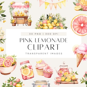 Clipart de limonada rosa, coquetel de festa de verão, floral amarelo, diversão ao sol e limonada, clipart de aquarela, uso comercial, PNG transparente