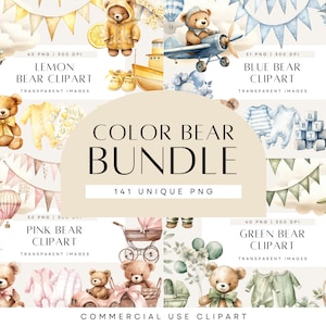 Bundle de cliparts aquarelle ours en peluche, oursons colorés pour la chambre de bébé, téléchargement pour baby shower, fille rose, garçon bleu, usage commercial, PNG transparent