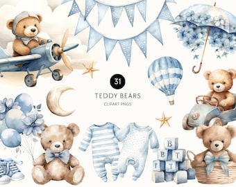 Watercolor Teddy Bear Clip Art Clipart Pack, Baby Shower for a boy, Clipart for commercial use, Transparent PNGs, Blue Aeroplane Balloons