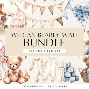 We Can BearlyWaist Clipart, Baby-Dusche-Einladung Kunst, Aquarell Teddybär, Teddies, Luftballons, Rosa, Blau, Geschlechtsneutral, kommerzielle Nutzung