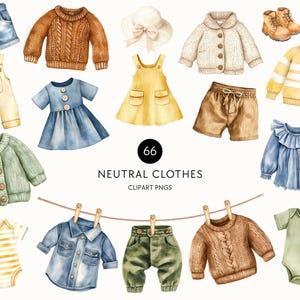 Neutral Baby Clothes Clipart - Gender Neutral Baby Shower, Boho Nursery Decor, Newborn Clothesline Bundle, Transparent PNG, Commercial Use