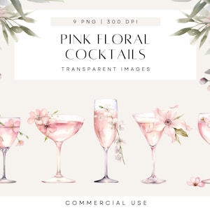 Clipart de cóctel rosa, clipart de copas de champán, clip art de celebración, baby shower de acuarela para un niño, PNG transparente, uso comercial