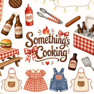 Op de afbeelding: Een verzameling barbecue-illustraties met de tekst Something's Cooking, een rood-wit geblokte koelbox, picknicktafel, schorten met Mom en Dad, bierflesjes, hamburger, hotdog, tang, spatel en kledingstukken op een witte achtergrond.