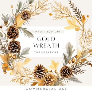 Grün und Gold Clipart, Weihnachtskranz, zarte Aquarell Clip Art, Hochzeitsdesign, transparent, individuell PNG, kommerzielle Nutzung
