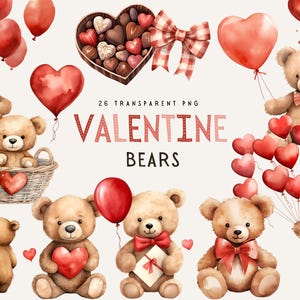 Clipart ours Saint-Valentin, ballons coeur rouges, ours en peluche, lettre d'amour, Saint-Valentin, clipart aquarelle, usage commercial, PNG transparent