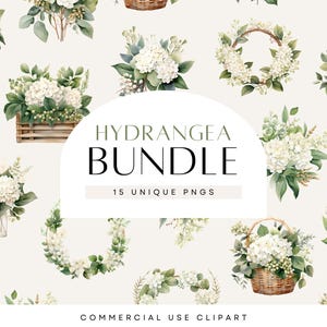 White Floral Clipart Hydrangea Eucalyptus, BUNDLE, Flower Bouquet, Watercolor Wreath, Wedding Greenery, Transparent PNG, Commercial Use