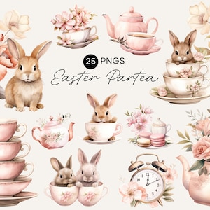 Easter Tea Clipart, Cute Easter Bunny, Pink Tea Party, Easter Partea, Watercolor High Tea, Blush Pink Floral, Tea Time Set, Afternoon Tea