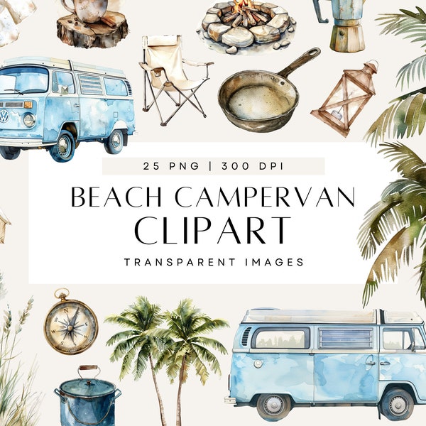 Campervan Clipart, Beach Vacation, Blue Watercolor Camper, Classic Hippie Bus, Retro Van, Camping Clip Art, Commercial Use, Transparent PNG
