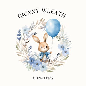 Clipart per baby shower di Pasqua, ghirlanda floreale ad acquerello, coniglietto pasquale blu, coniglietto che tiene un palloncino, immagine singola, uso commerciale, trasparente