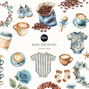 Baby Brewing Clipart – Baby Boy Shower Elements, Blue Coffee Cups, Latte Art, Bottles, Floral Wreaths & Eucalyptus Borders, Commercial Use